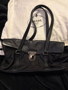 Prada Black Nylon and Leather Shoulder Bag with Silver Turn-Lock